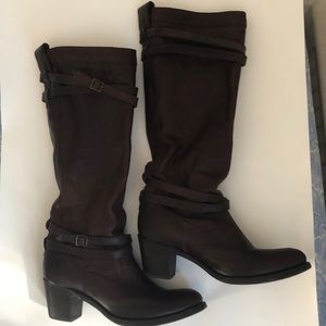 Frye Heel Strap Pull On Boots Dark Brown 11B EUC